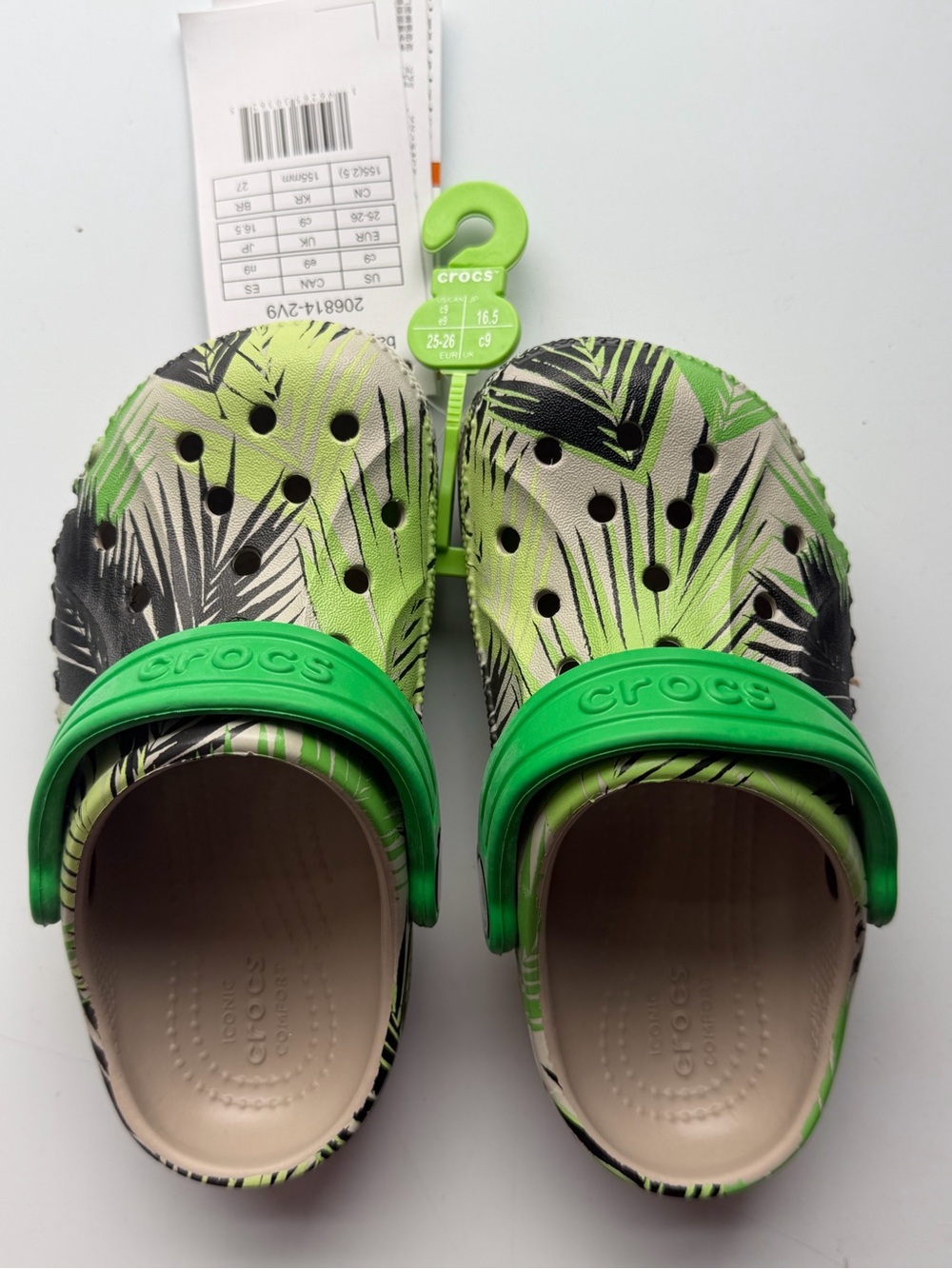 CROCS Kids Green Tropical Print Clogs with Lime Strap